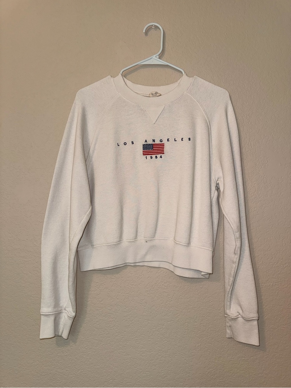 Brandy Melville White Los Angeles 1984 Cropped Sweatshirt with Flag *Small Stain